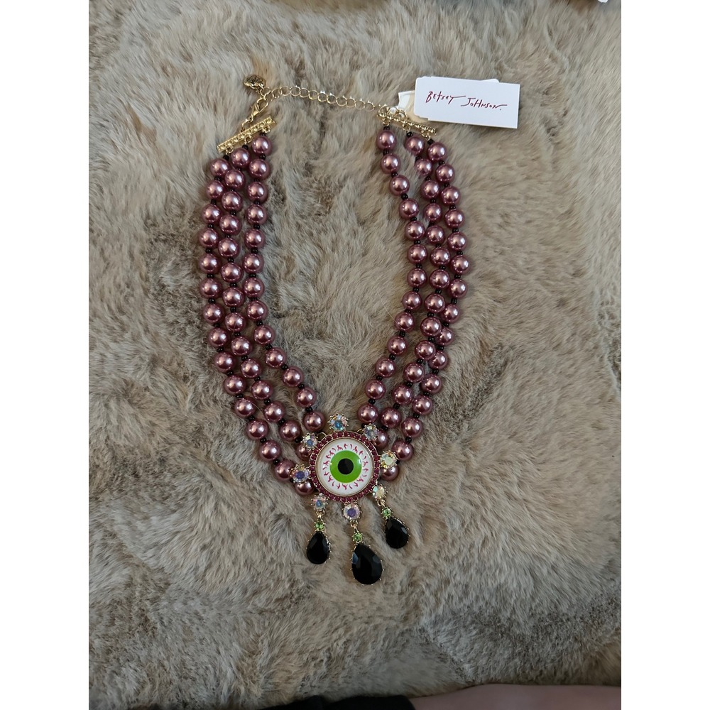 Betsey Johnson Mauve Pearl Multi Strand Eye Statement Necklace Pink Green Black